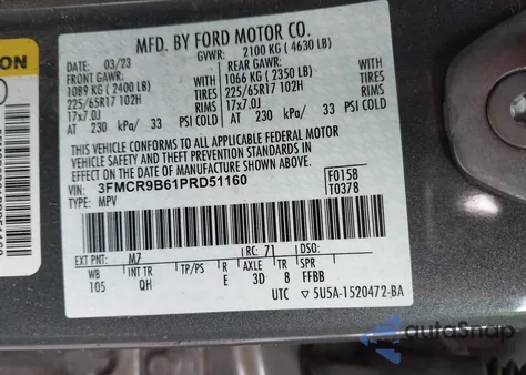 2023 Ford Bronco Sport Big Bend из США, поврежденный, VIN 3FMCR9B61PRD51160